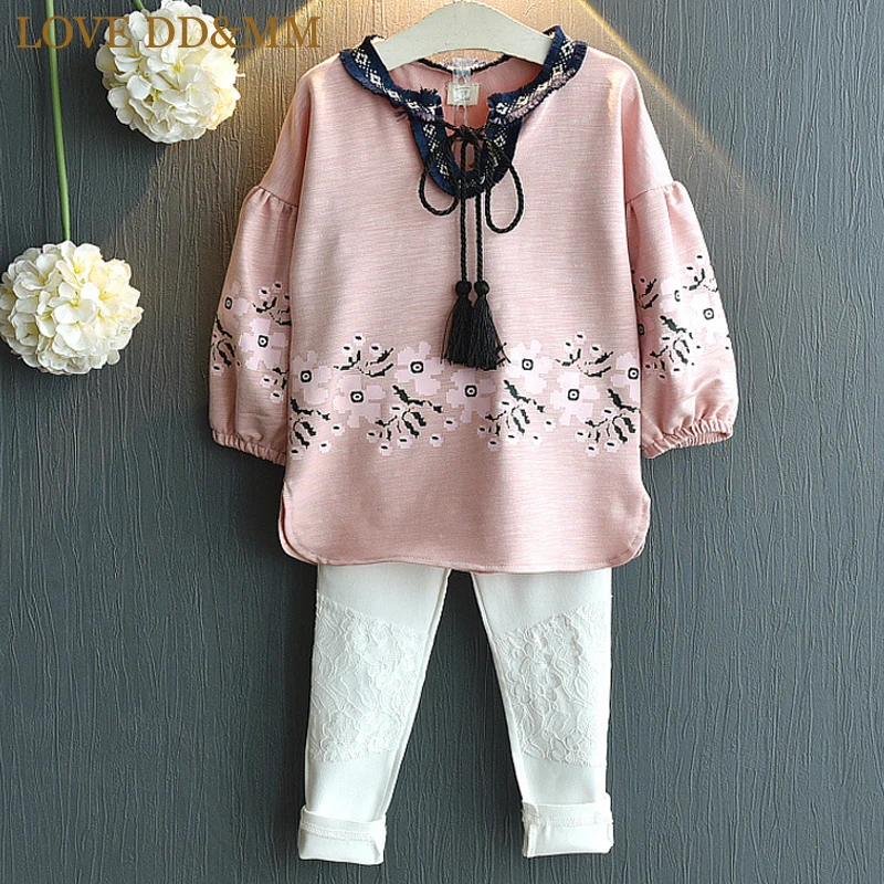 

LOVE DD&MM Girls Sets 2019 Autumn New Children's Clothing Girls Lantern Sleeves Printed Sweater + Lace Trousers Two-Piece Suit