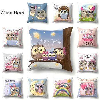 

Cartoon Cushion Cover Owl Family Print Pillow Case Bird Polyester Cotton 45*45 CM Throw Pillow Cover Decoration For Home Office