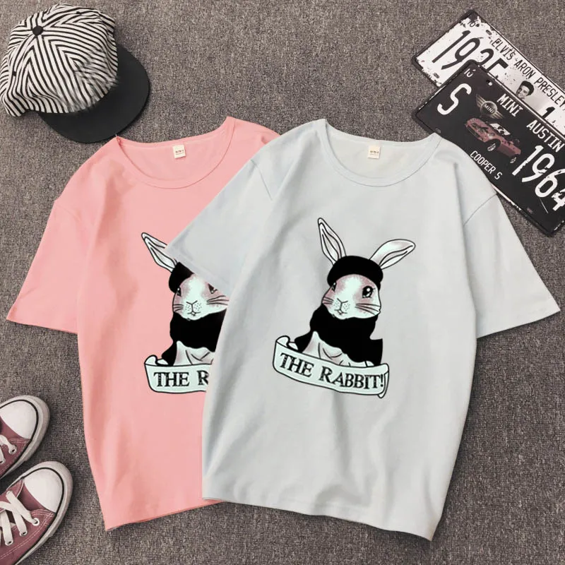 

S-3XL Rabbit Printed Spandex Soft feeling T Shirt Women Shirts O Neck Short Sleeve Summer T-Shirt Tops Casual Pink TShirt