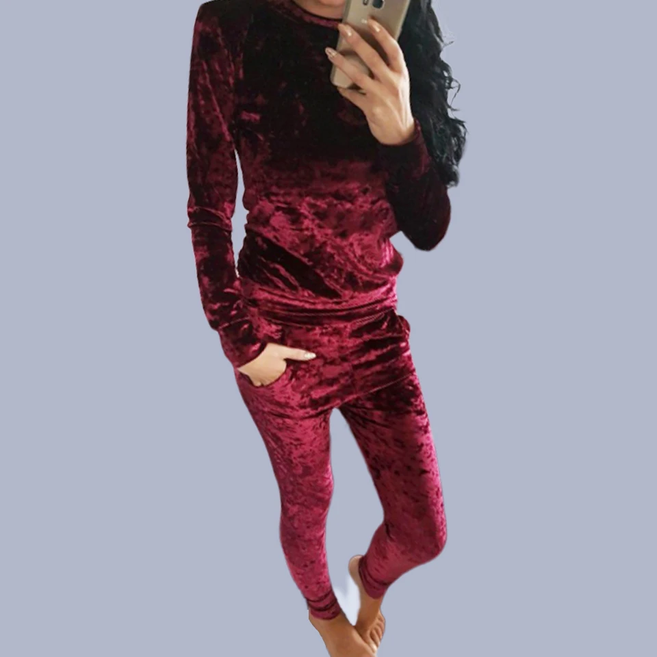 

Sexy Home Clothes Womens Pink Velour Tracksuits Ensemble Femme 2 Pieces Warm Two Piece Bodycon Set Winter Casual Trousers Suit
