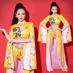 Женский китайский Cheongsam сексуальный джазовый танцевальный костюм желтый наряд сценическая одежда для певцов женский ночной клуб Ds костюмы