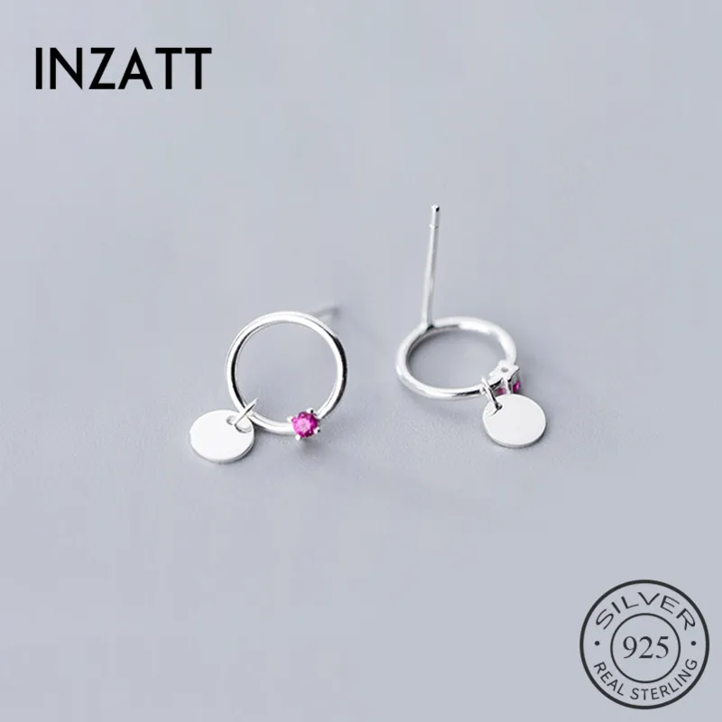 

INZATT Real 925 Sterling Silver Red Zircon Round Stud Earrings For Fashion Women Party Cute Fine Jewelry Minimalist Accessories
