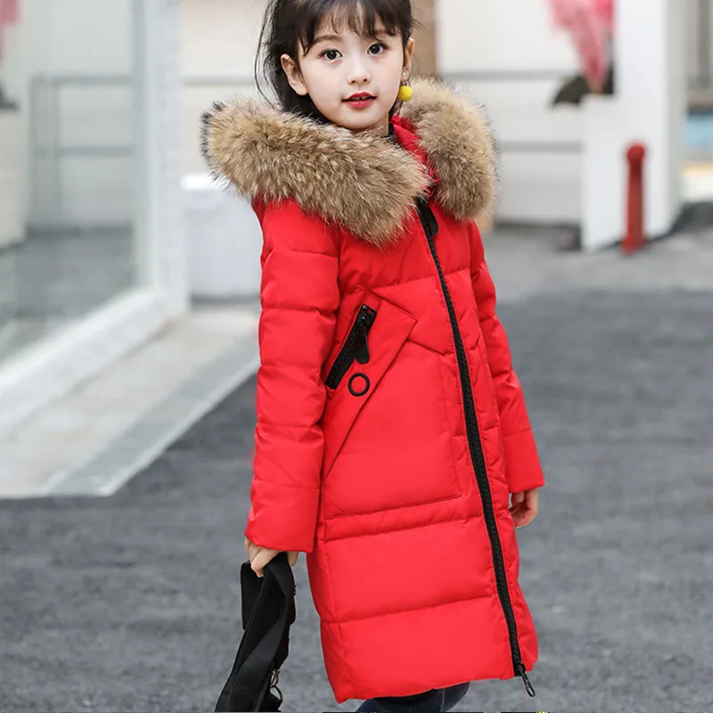 Теплые пуховые пальто для девочек на зиму до 30 градусов длинная стильная Толстая парка с капюшоном и меховым воротником, пальто для девочек, детская утепленная куртка - Цвет: Красный