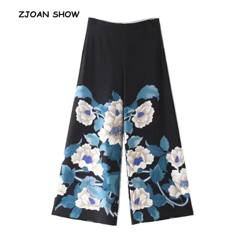 

Retro Blue Flower Print Black Wide Leg Pants Flat Front Zipper High Waist Casual Trousers Holiday 2018 Woman Vintage