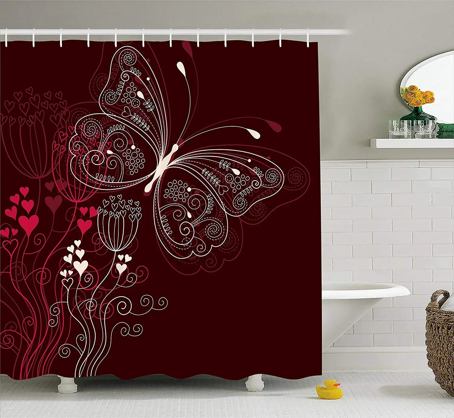 Romantic Shower Curtain Doormat Abstract Floral Heart Pattern with Butterfly Motif Cloth Fabric Bathroom Decor | Дом и сад