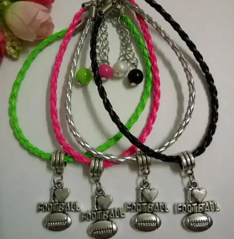 I love Football Glass Bead Charm Mix PU Leather Cords Protection Good Luck Bracelets&ampBangle DIY Jewelry | Украшения и