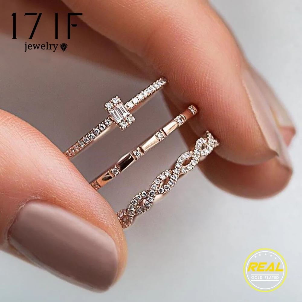 

17IF 3Pcs/Set Fashion Geometry Intersect Crystal Rings Set For Women Girls Engagement Wedding Rings Female Party Jewelry Gifts