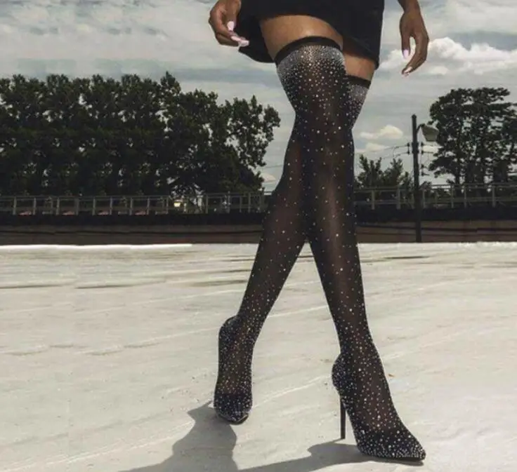 Negras En Club De Moda Deslizantes Para Lujo Cristal Botas Supercalientes Tacón La Stiletto Calcetín Alto Sobre Damas Rodilla TExnqZ