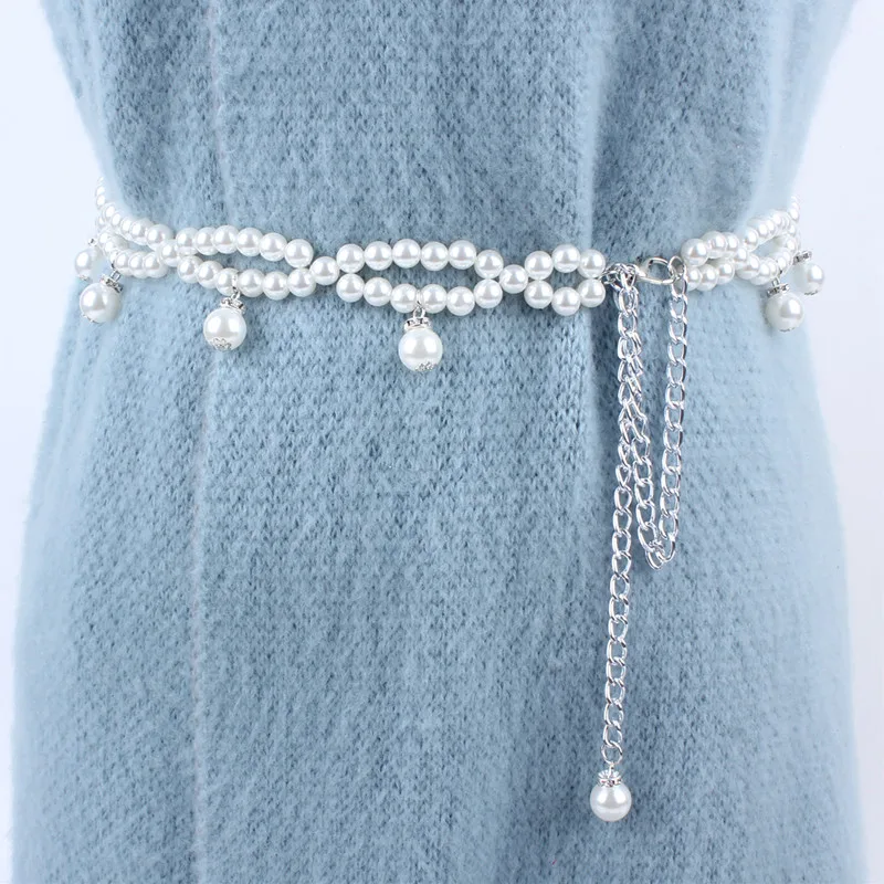 

fashion long women rhinestone pearl chain belt metal waist belts for dresses laides female luxury ceinture femme