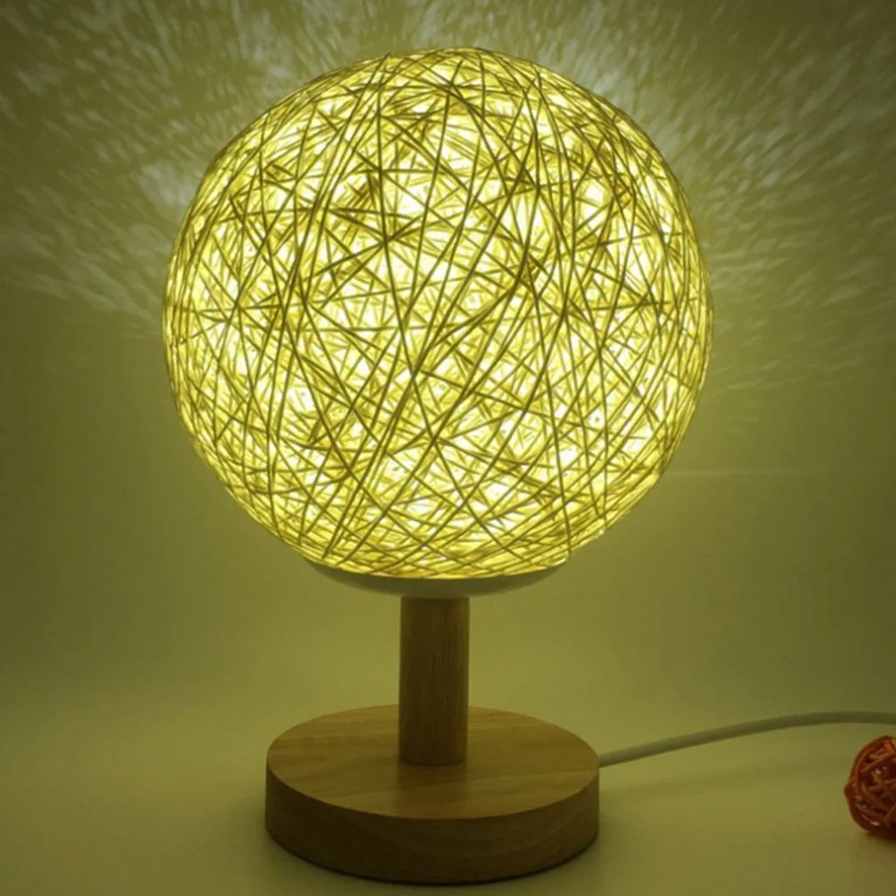 

Romantic Rattan Ball Night Light with Wood Base Round Lampshade Night Lamp Home Decor Bedside Desk Lamp for Party Wedding