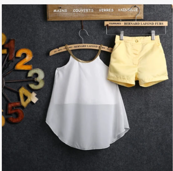 

Hot 2PCS Kids Toddler Baby Girls Chiffon Clothes Sleeveless Halter Tops Yellow Shorts Outfits Summer Outfits for Baby girls NEW
