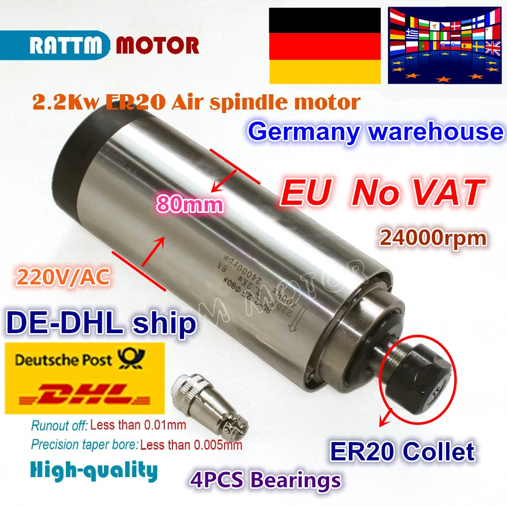 

DE Quanlity 2.2kw Air cooled Spindle motor runout-off 0.01mm ER20 80mm 220V,4 Ceramic bearing for CNC Engraving milling grind