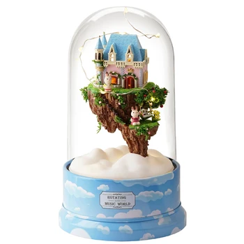 

Miniature Castle in the Sky Rabbit Dollhouse DIY Wooden Dolls House Furniture Kits Glass Cover With LED Lights Music Box Gift
