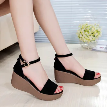 

Summer black scrub with Korean version of the muffin thick bottom soft bottom women's wedge buckle sandals female