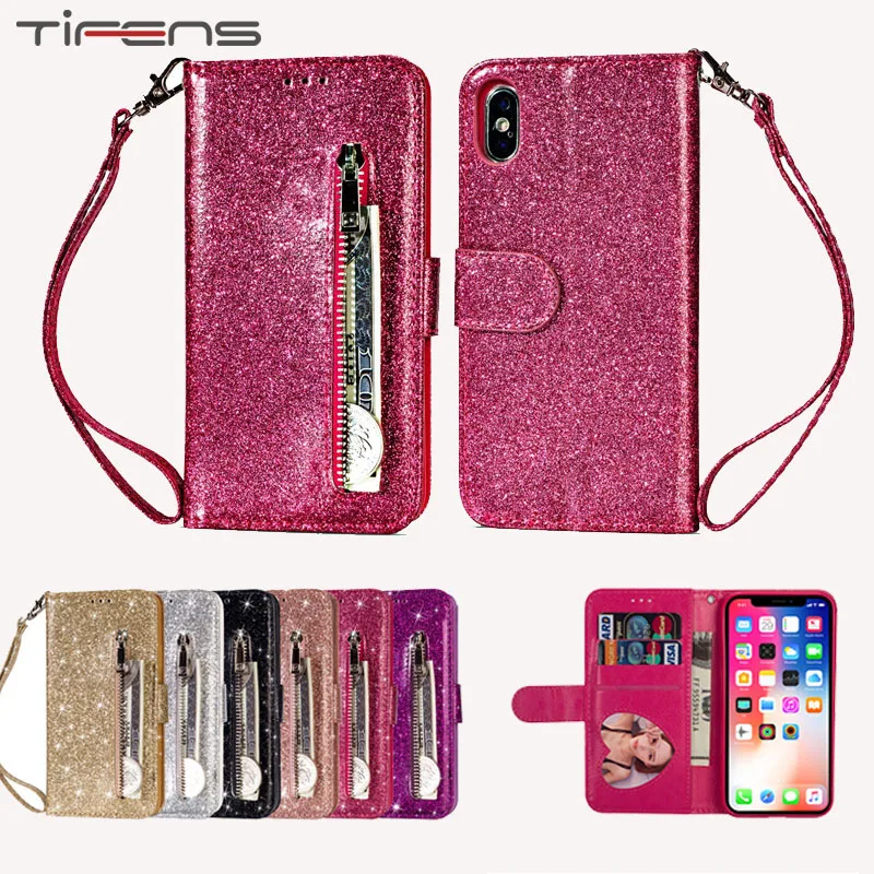 

Bling Glitter Case For iPhone 11 Pro XS Max XR X 8 7 6 6s Plus Luxury Leather Flip Phone Cover Zipper Wallet Card Etui Coque