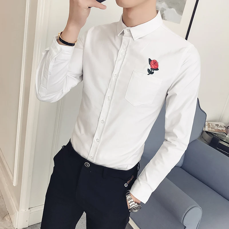 

Bumpybeast 2019 New Spring Men's Shirt Embroidered Rose Pattern Casual Long Sleeve slim white tops 3XL CS21