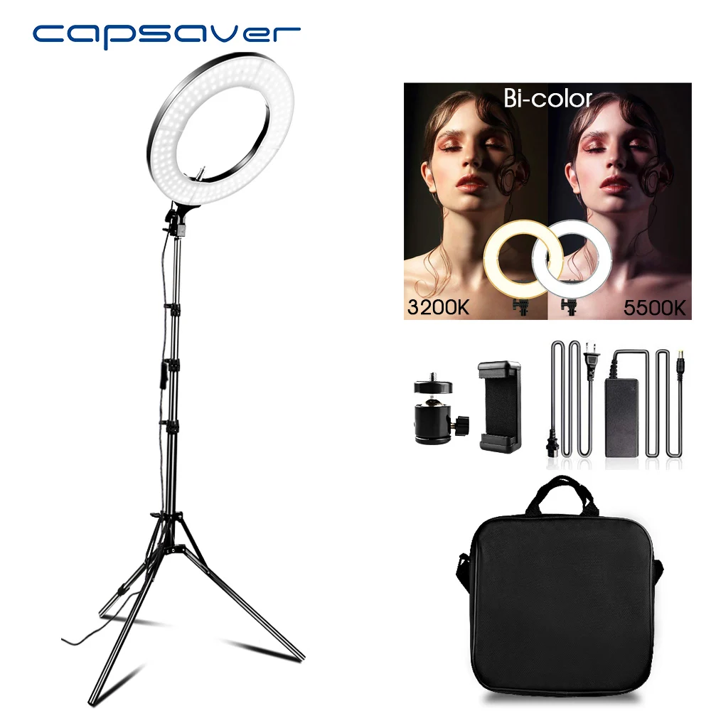  capsaver 14 inches LED Ring Light for Video Youtube Makeup Annular Lamp Bi-color 3200K-5500K CRI90  - 32948476980