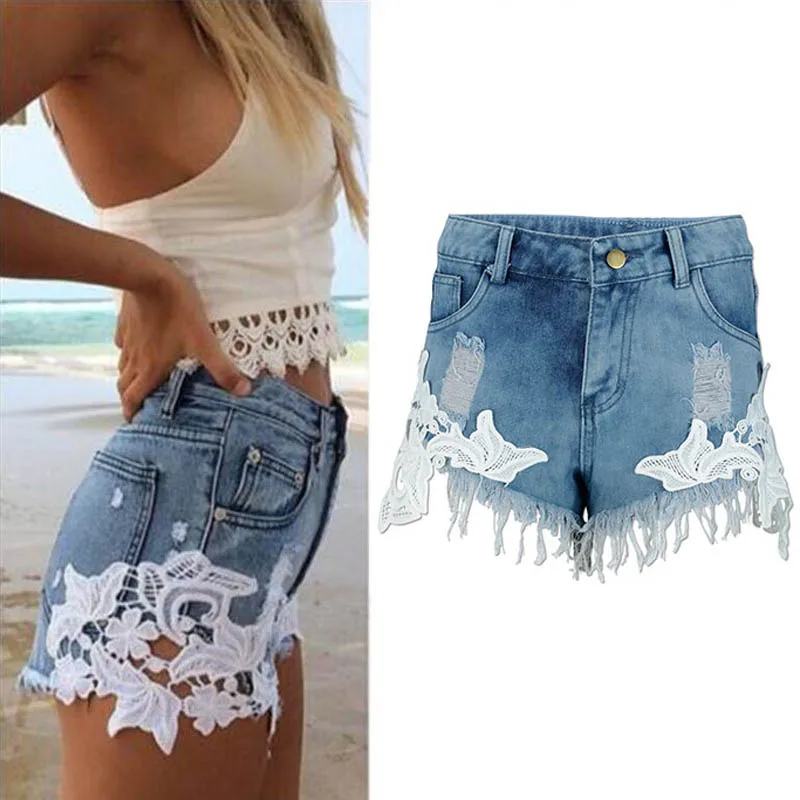 

Explosion models sexy lace stitching denim shorts European and American style sexy hot