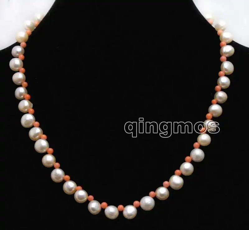

Natural 7-8mm Pink Flat Round side drilled FreshWater pearl and 3-4mm Pink Coral 17'' Necklace-nec6397 Free shipping