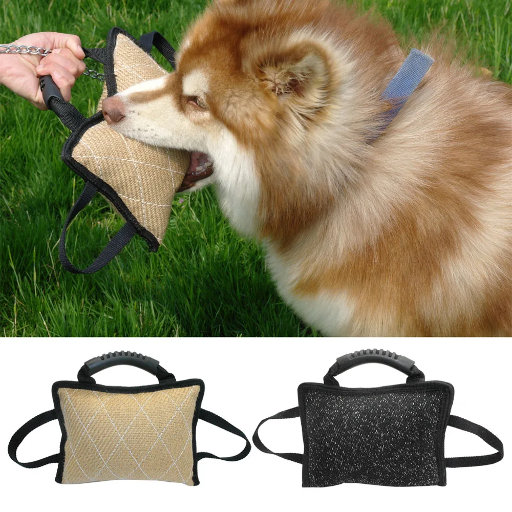 Double-Jute-Bite-Pillow-Pad-Tug-Toy-With-3-Handles-for-Dog-Training-Fun-Play-Exercise