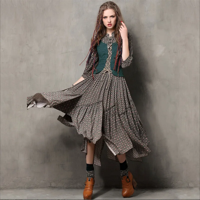 

Brand Original Women's Vintage Dress Long-sleeve Spring Summer Slim Waist Elegant lady printed Basic Splicing irregular Dresses