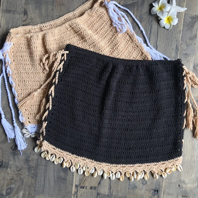 

VIKINII Khaki Crochet Skirts Women 2019 Sexy Tassel Women Beachwear Summer Beach Dresses Black Knitted Swimsuits Dress Shell