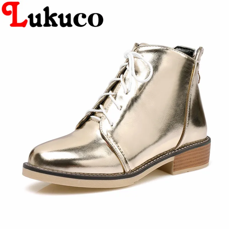 

Lukuco women ankle boots pure color zipper and cross-tied design high quality PU made low hoof heel shoes