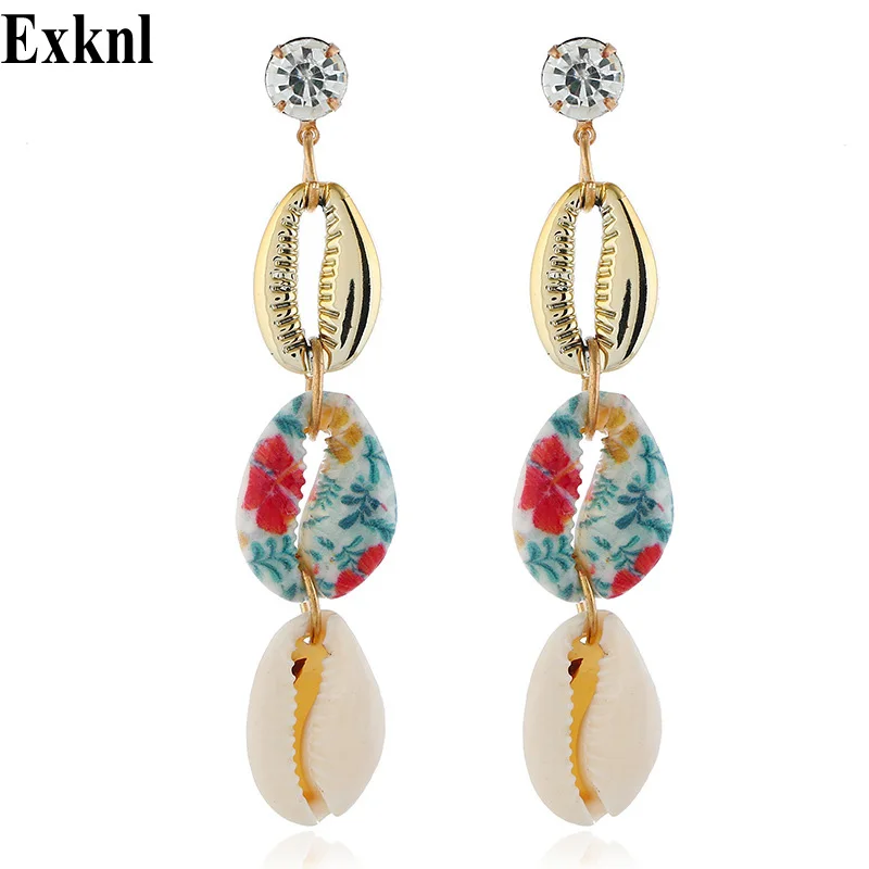 

Exknl Fashion Colorful Long Ethnic Shell Drop Earrings Big Women Party Bohemian Dangle Earrings Summer Jewelry Earrings 2019
