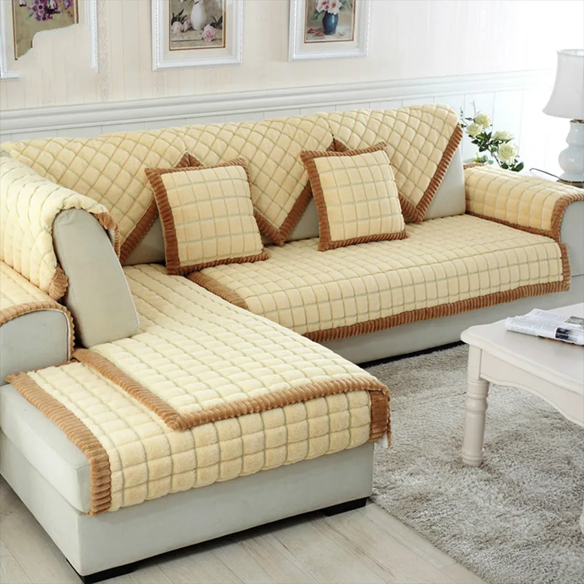 Coffee beige plaid quilting sofa cover sectional couch