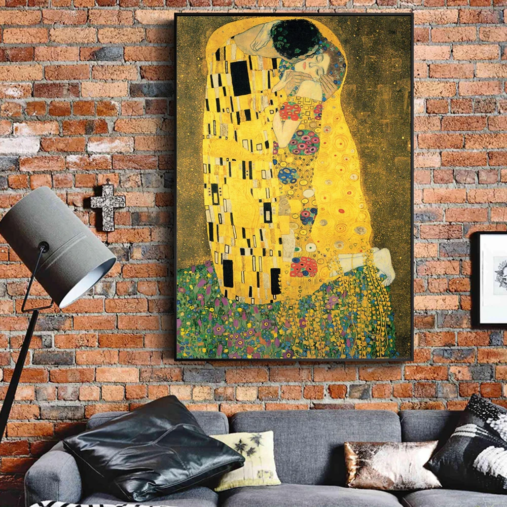 

Gustav Klimt Kiss Famous Canvas Paintings Reproductions On The Wall Classical Portrait Wall Poster For Living Room Cuadros Decor