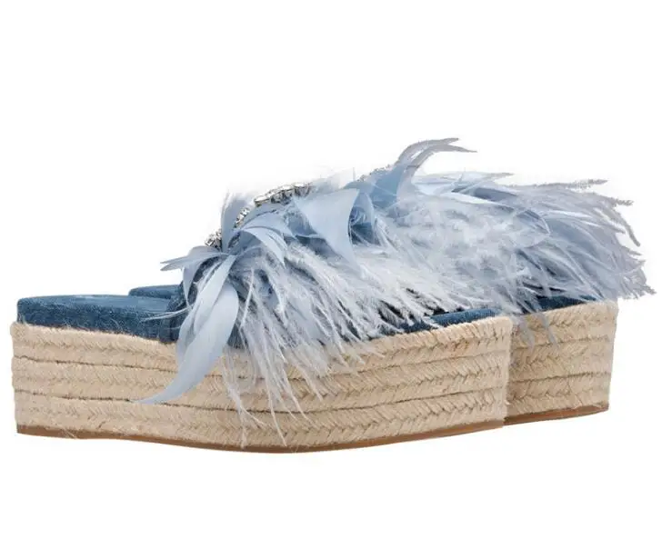 

Carpaton 2018 Summer Newest Slipper for Woman Denim Blue Crystal Embellished Flat Platform Slides Open Toe Feather Shoes