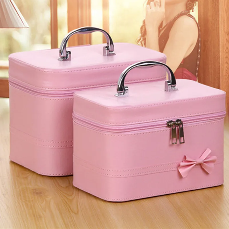 

KINGTH GOLDN High Quality Makeup Organizer Cosmetic Bag Box Case Pu Travel Large Capacity Bow Storage Bag Suitcases