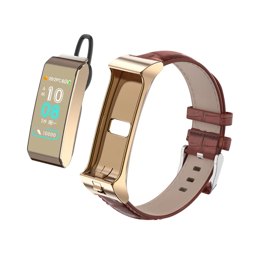Смарт-браслет Bluetooth наушники пульсометр кровяное давление Браслет фитнес-трекер Bluetooth гарнитура для Android IOS группа - Цвет: Leather Gold