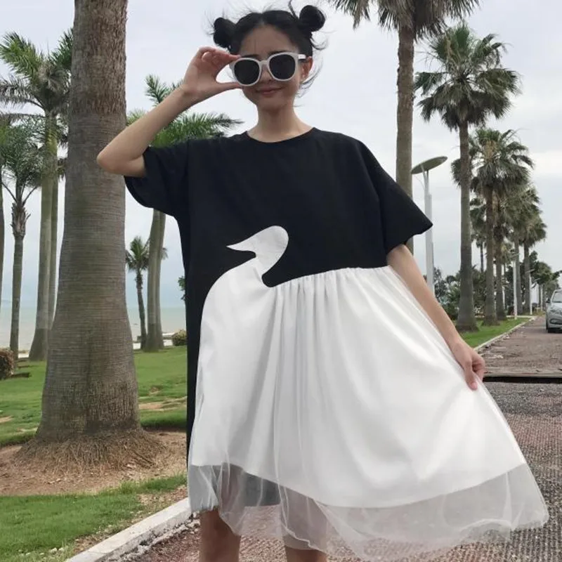 2018 Harajuku Short Sleeve Irregular Casual Dress Girls Black White Swan Patchwork Mesh T-shirt Dress Dresses