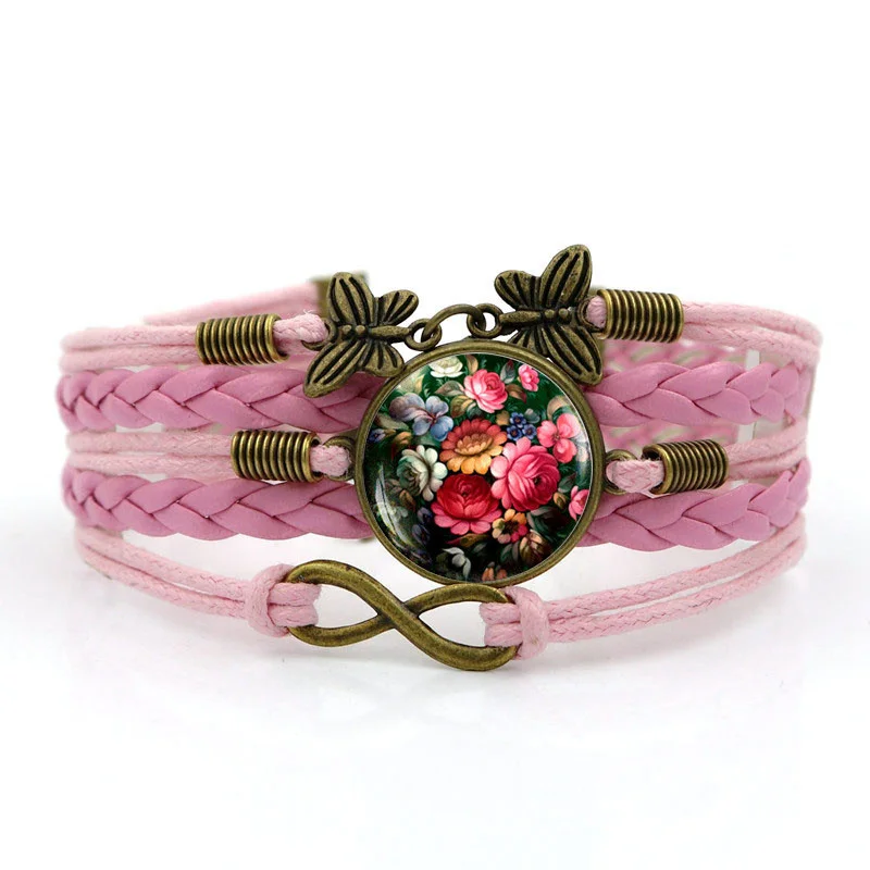 Многослойные ручной кожи Плетеный браслет жостово Цветы Стекло кабошон браслет украшения для Для мужчин для Для женщин Подарки