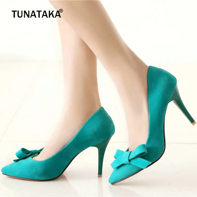 

Sweet Bow Knot Women's Pumps Fashion Flock Thin High Heels Slip On Party Drees Shoes Spring Autumn Shoes Blue Red Black