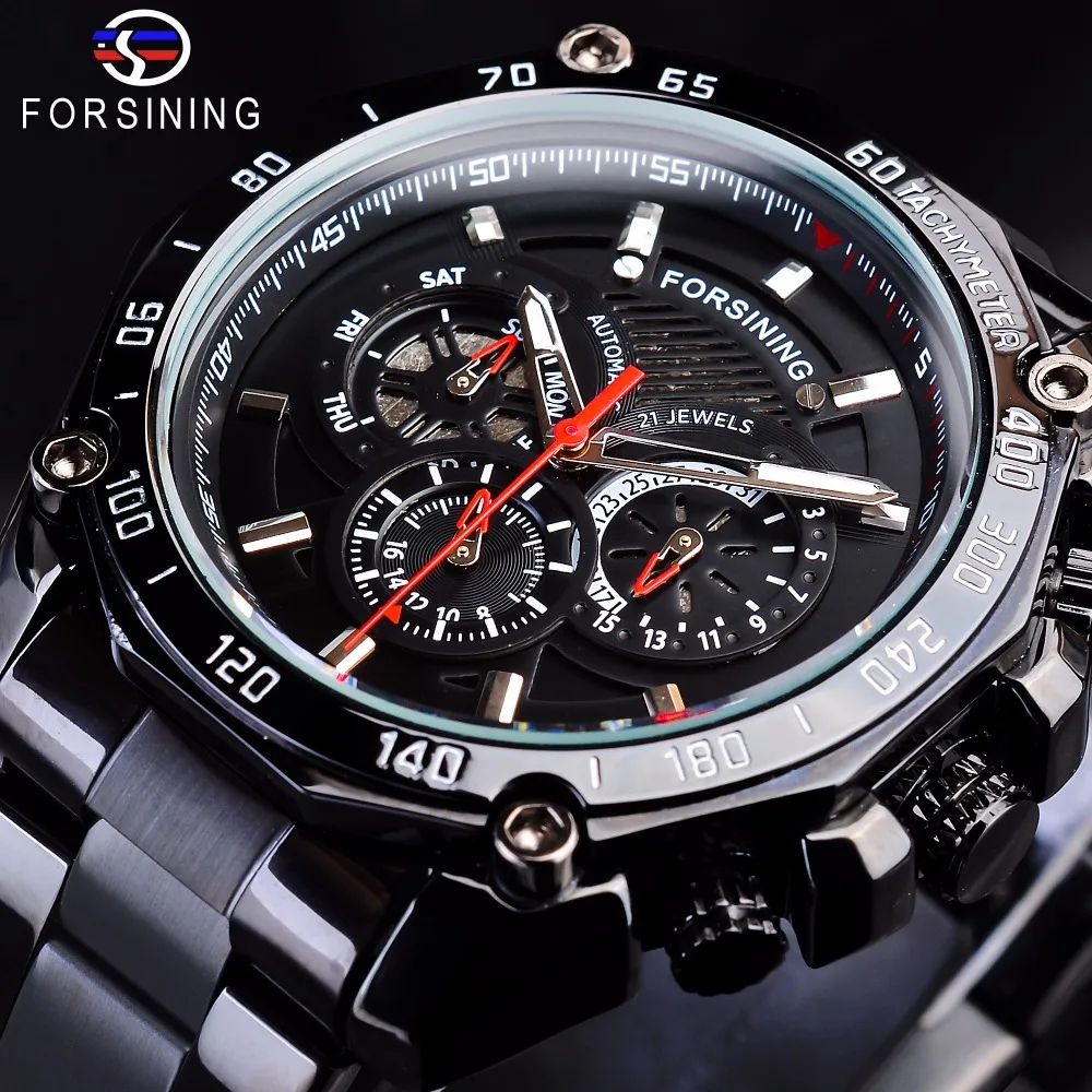 

Forsining Steampunk Black Steel Sport Racing Design Mens Automatic Wrist Watches Top Brand Luxury Military Mechanical Male Clock