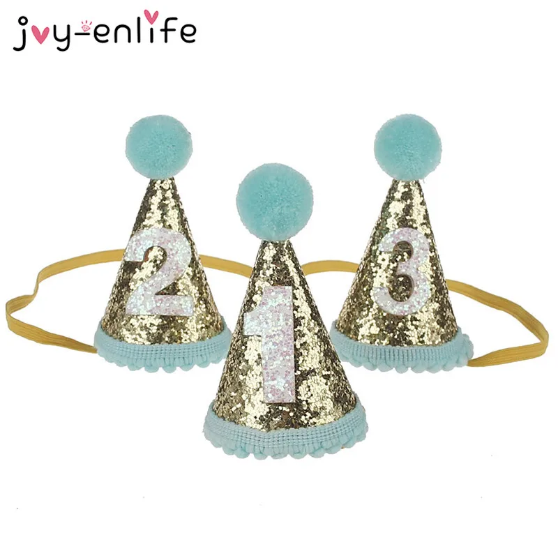 Cute Shiny 1/2/3 Boys Girls Birthday Hats With Hairball Caps Baby Shower Birthday Party Cake Caps Party Photo Props