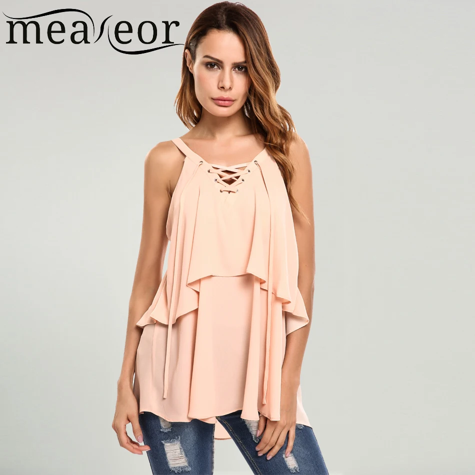 spring summer chiffon v neck lace up plain sleeveless blouse