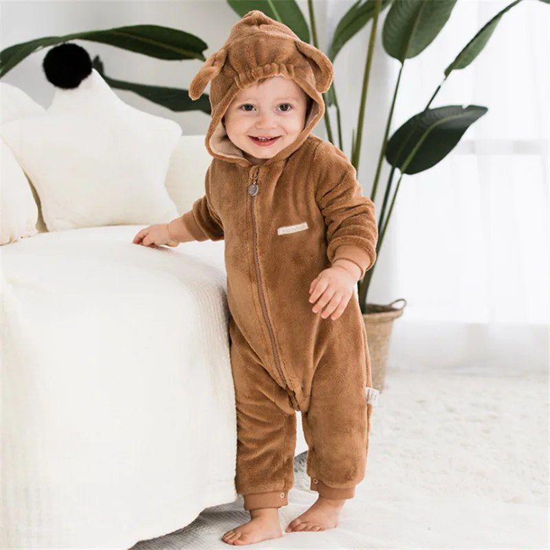 

2018 Spring Autumn Baby Clothes Coral fleece Baby Boy Clothes Solid color hood Romper Jumpsuit Warm Newborn Infant Romper