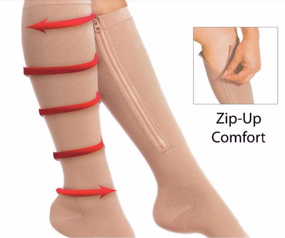 

NEW 1pair High Quality Women Men Zipper Autumn Compression Socks Thin Leg Burn Fat Leg Support Knee Open Toe Socks Nude