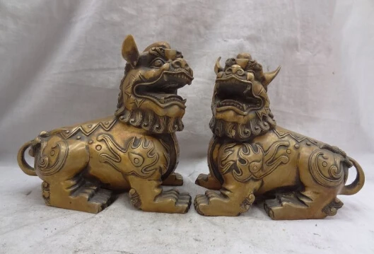 

00658 Chinese Bronze Sculpture JiXiang Dragon Foo Fu Dog Lion PiXiu Statue Pair