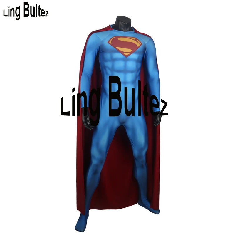 Ling Bultez Высокое качество Новые мышечный оттенок Супермен косплэй костюм для Хэллоуина рельеф логотип 3D принт супер человек - Цвет: suit with cape