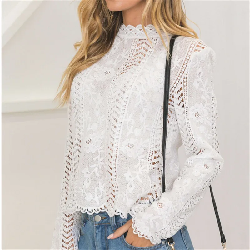 hirigin women Back white Lace hollow long sleeve blouse turtleneck Top Summer Blouses for Women 2017 Cap Elegant Blouse female