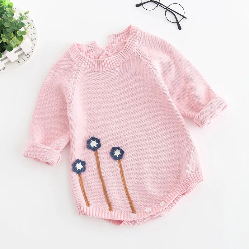 Детские свитера для девочек боди пуловер хлопковый джемпер малыша одним pieces цветок вязаная с длинными рукавами roupa inverno menina - Цвет: pink