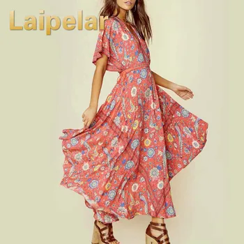 

Laipelar 2018 Boho Summer Dresses exotic floral print V-neck maxi dress drawstring waist silhouette long Women's dress vestidos