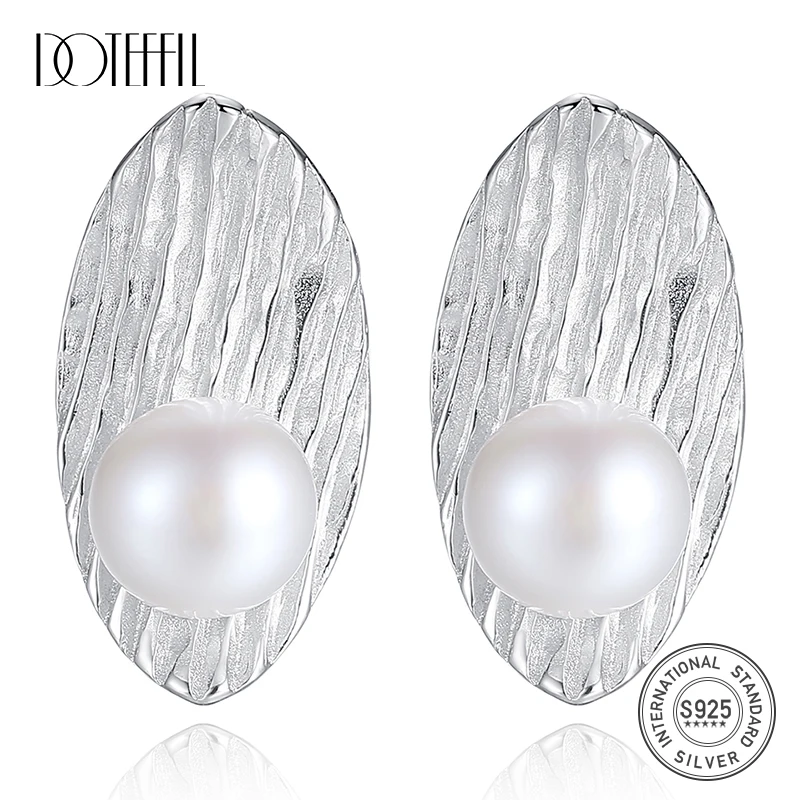 

DOTEFFIL Earrings Genuine Natural Freshwater Pearl 925 Sterling Silver Leaf Stud Earrings Pearl Jewelry Women Wedding/Party Gift