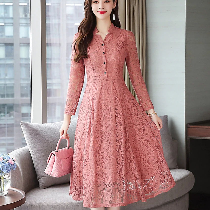 

Fashion Autumn Winter dress Plus Size Vintage Lace Midi Dresses Women Elegant Bodycon Black Dress Party Long Sleeve Vestidos