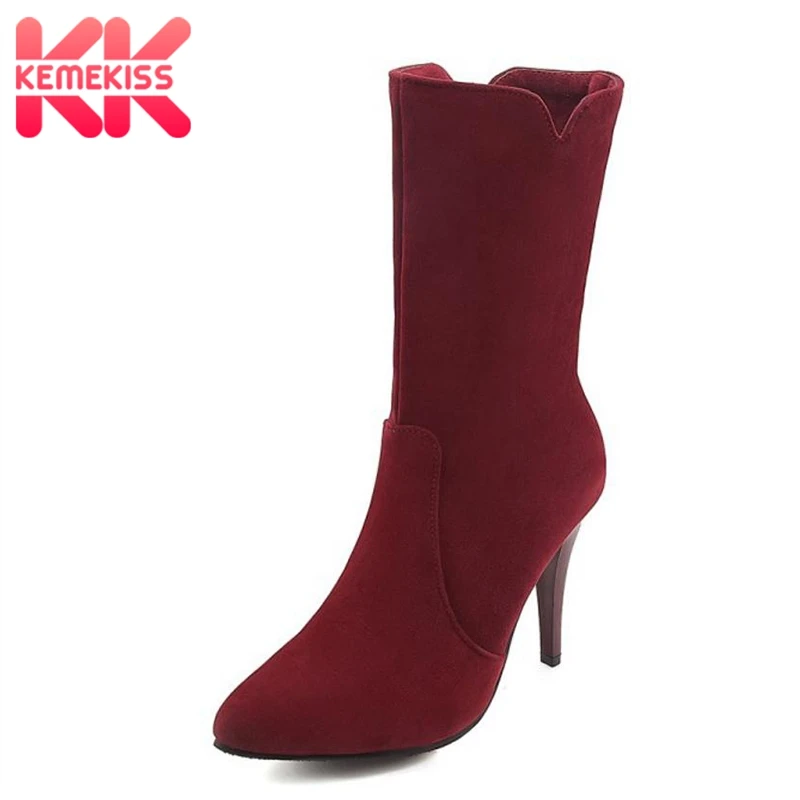 

KemeKiss Plus Size 32-48 Women Winter Boots High Heels Mid Calf Shoes Woman Warm Fur Boots New Fashion Sexy Ladies Footwear