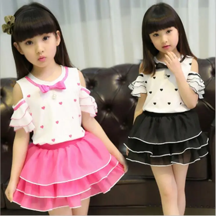 

2016 New Design Girls Clothes Set Dress Off Shoulder Sleeve Pirncess Summer Children Dresses For Girl Clothing Vestidos F119